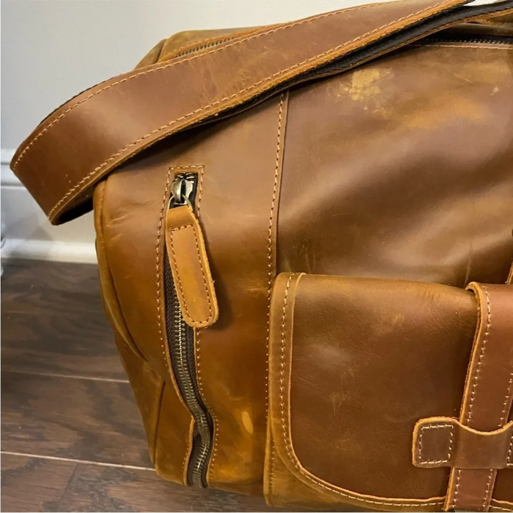 COGNAC LEATHER WEEKEND TRAVEL DUFFLE BAG LARGE